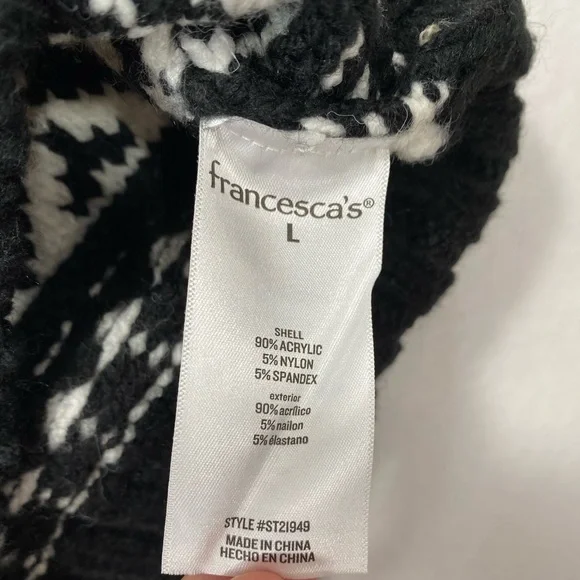 Francesca’s Black & White Pattern Mock Neck Knit Sweater L Fair Isle ST21949 - Picture 10 of 11